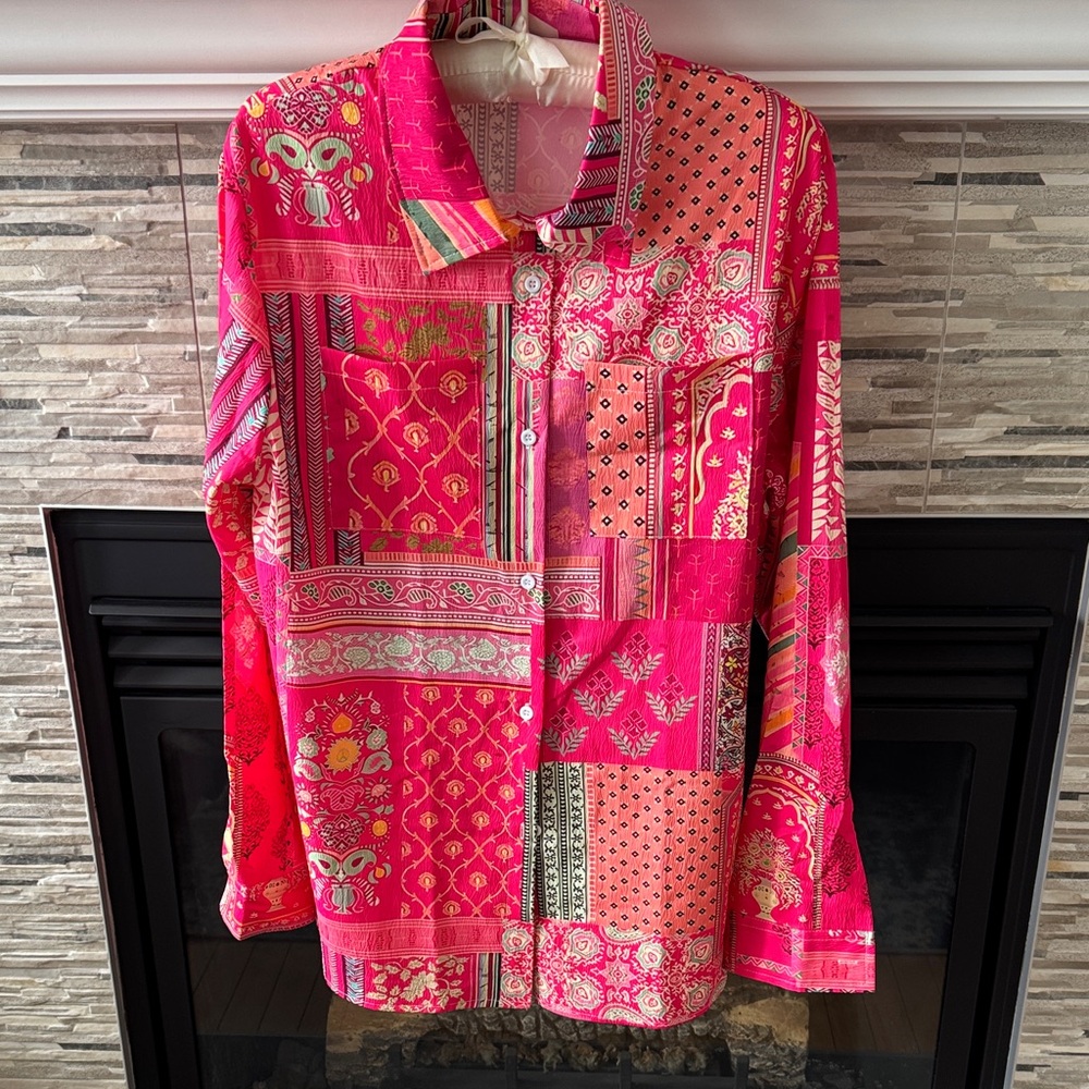 Vibrant Pink Patchwork Button-Up Shirt - NWOT